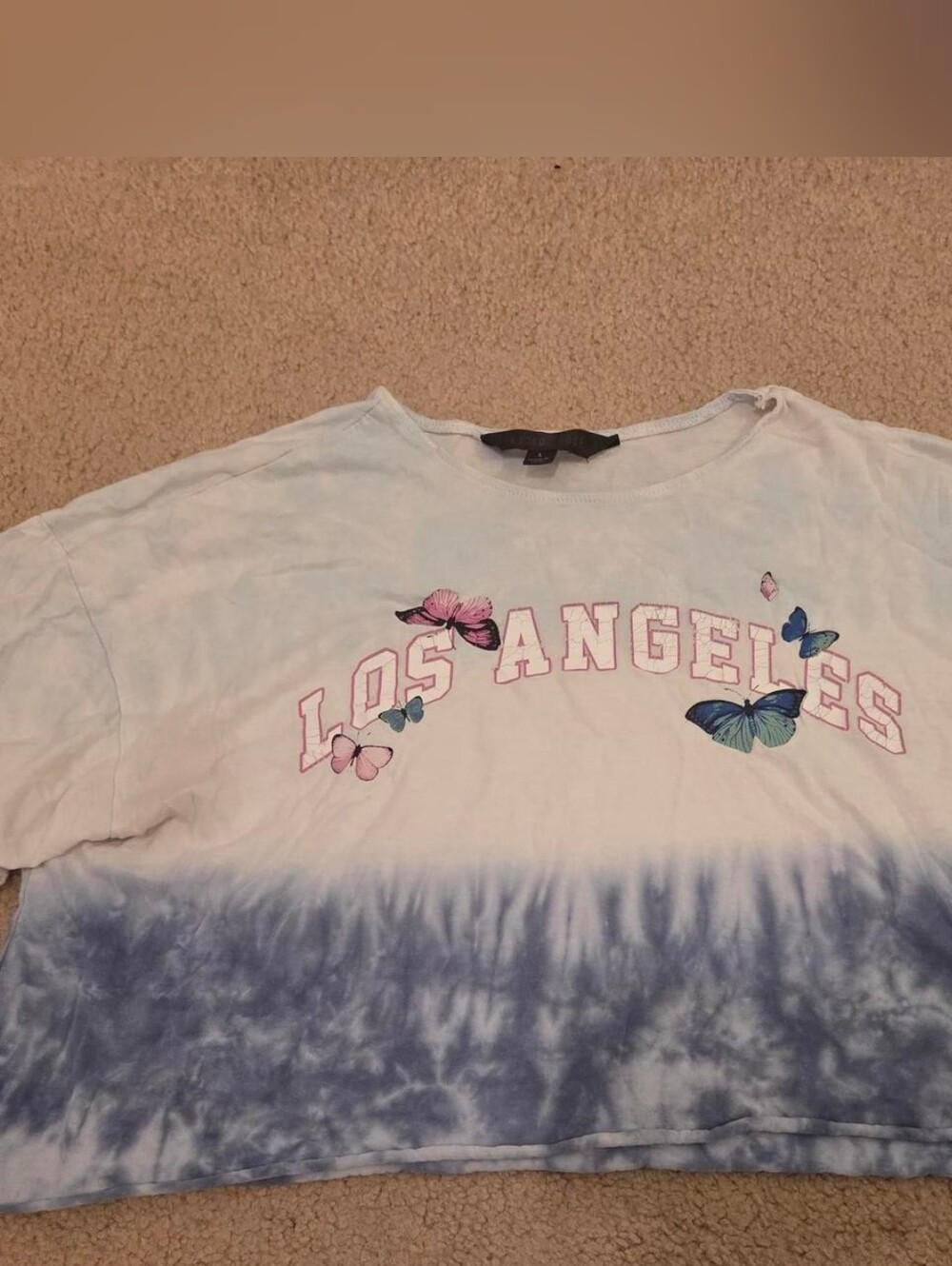 Los Angeles Butterfly Tie-Dye Crop Top - Light Blue & White
